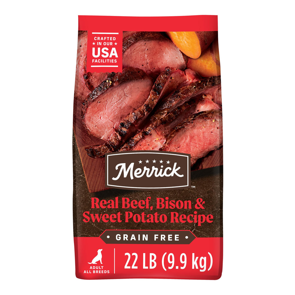 Merrick Premium Grain Free Dry Dog Food bag front showing grain free nutrition for adult dogs