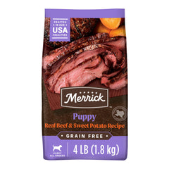 Merrick Premium Grain Free Puppy Food bag front highlighting grain-free formula