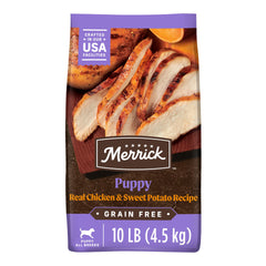 Merrick Premium Grain Free Puppy Food with real chicken as the first ingredient supports lean muscle