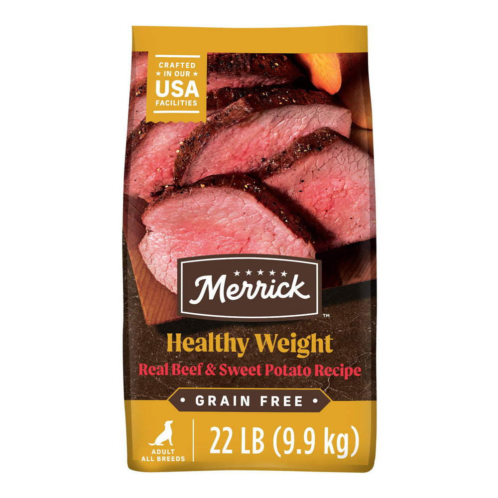 Merrick Premium Grain Free Dry Dog Food with real beef first ingredient for lean muscle.