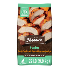 Merrick Premium Senior Dog Food bag front showing grain-free formula for healthier weight