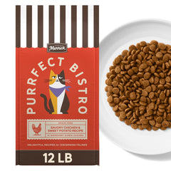 Merrick Purrfect Bistro 12 lb bag—grain free chicken and sweet potato cat food for indoor cats.