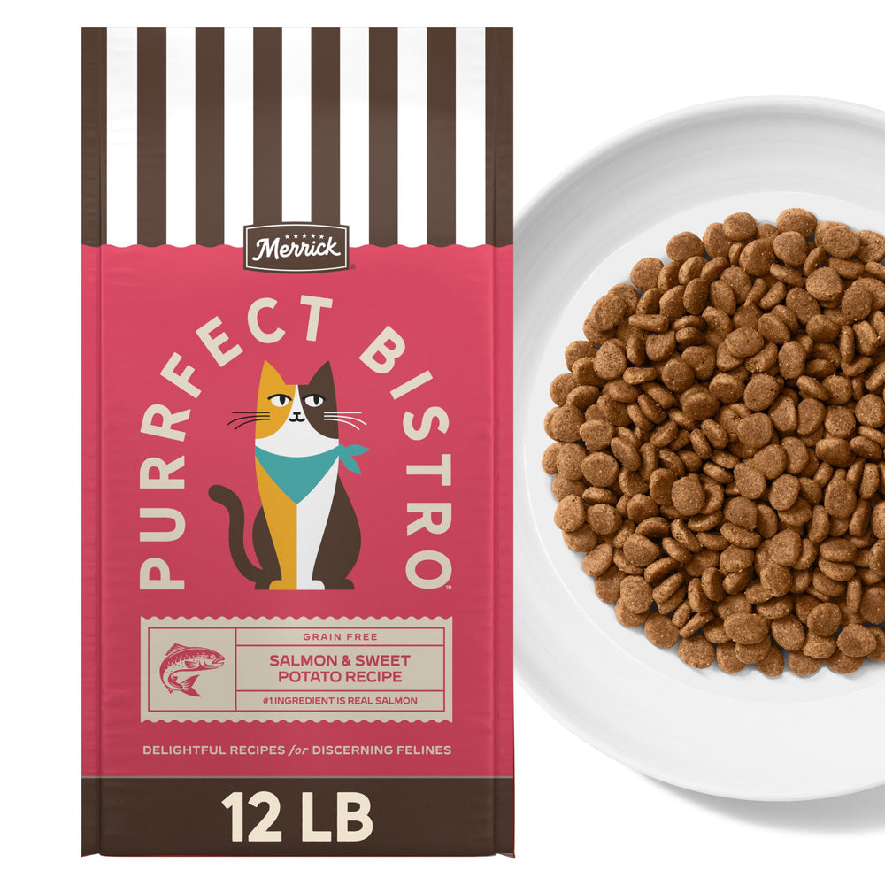 Merrick Purrfect Bistro bag front shows grain-free formula and salmon nutrition.