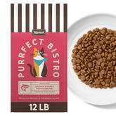 Merrick Purrfect Bistro bag front shows grain-free formula and salmon nutrition.