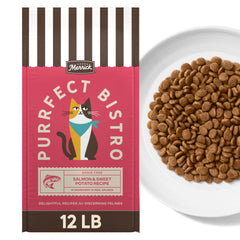 Merrick Purrfect Bistro bag front shows grain-free formula and salmon nutrition.