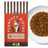 Merrick Purrfect Bistro chicken and sweet potato kibble in a cat bowl for balanced adult cat nutrition.