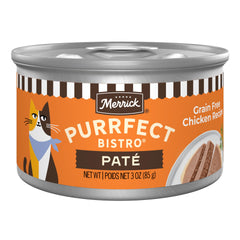 Merrick Purrfect Bistro chicken pate can front view highlighting grain-free formula for cats
