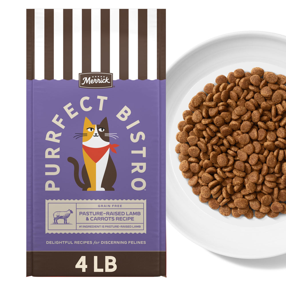 Merrick Purrfect Bistro lamb and carrots kibble in bag front for adults.