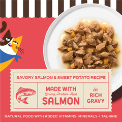 Merrick Purrfect Bistro salmon chunks in gravy provide palatable flavor