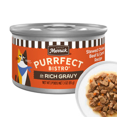 Merrick Purrfect Bistro stewed chicken-beef-carrot in gravy, protein-rich meal.