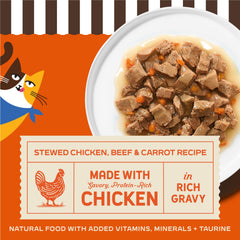 Merrick Purrfect Bistro wet cat food in gravy with real chicken.