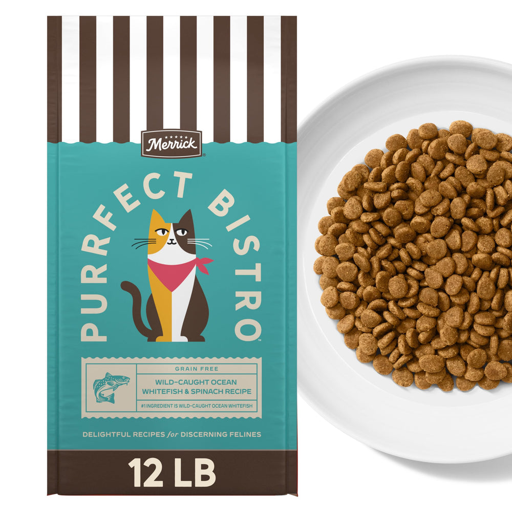 Merrick Purrfect Bistro wild-caught ocean whitefish image highlighting protein for adult cats.