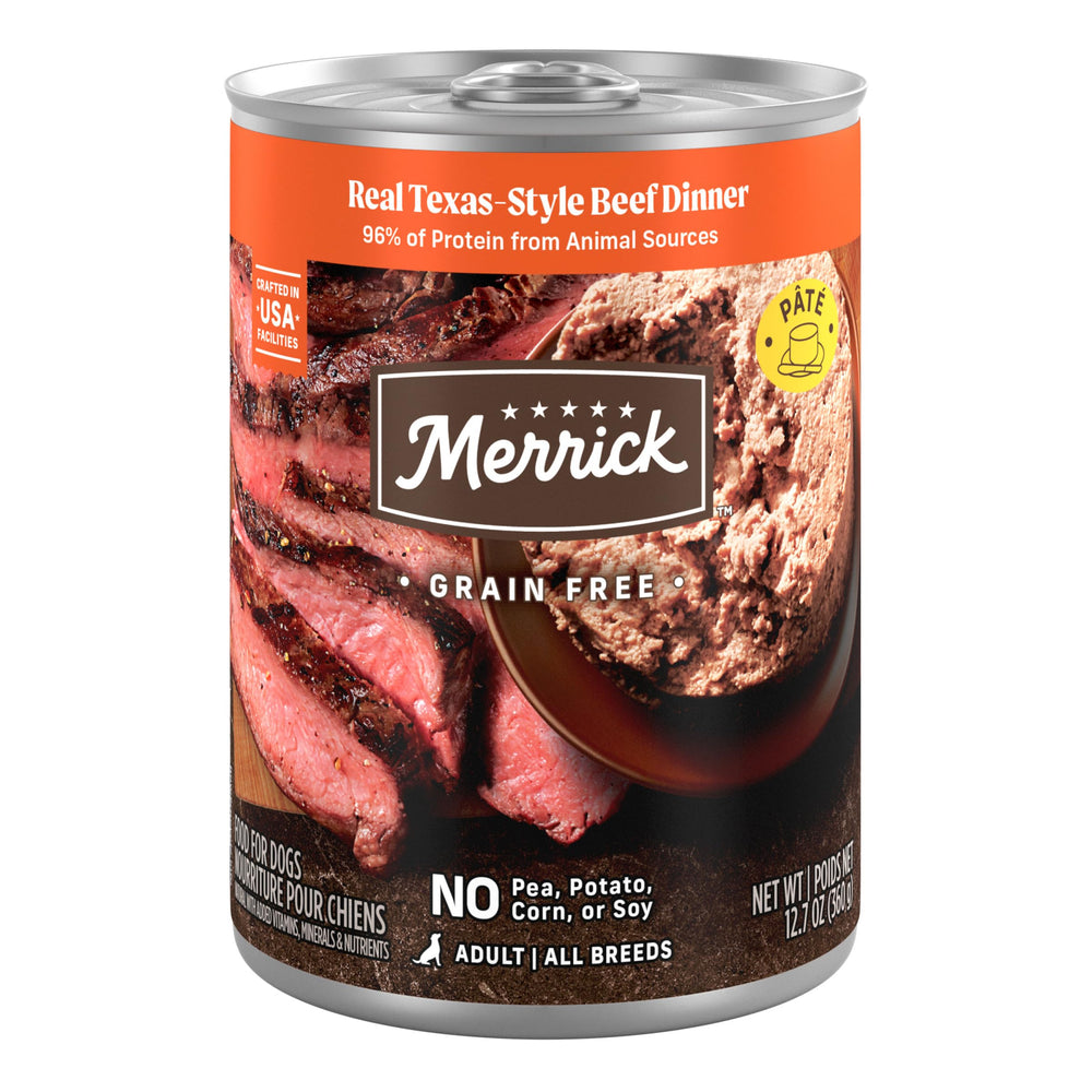 Merrick Texas Beef Dinner can with soft pate texture for easy feeding