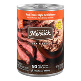 Merrick Texas Beef Dinner can with soft pate texture for easy feeding