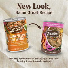 Merrick Thanksgiving Day Dinner shows real turkey as first ingredient for protein-rich nutrition.
