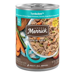 Merrick Turducken grain-free wet dog food can with turkey as first ingredient.