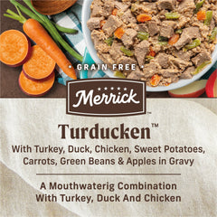 Merrick gluten-free dog food in a pull-tab can with no artificial additives.