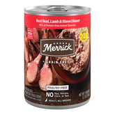 Merrick wet dog food grain-free pate can label, convenient nutrition at mealtime.