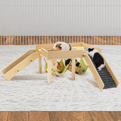 MEWTOGO wooden guinea pig hammock with platform offers secure retreat and elevated view for small pets.