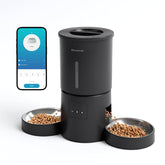 Miaosical automatic cat feeder front view with dual bowls for simultaneous feeding.
