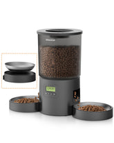 Miaosical automatic cat feeder for two cats with dual bowls for peaceful meals.