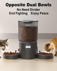 Miaosical opposite bowls design enabling separate dining for cats.