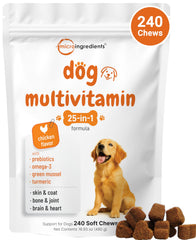 Micro Ingredients 25-in-1 dog multivitamin soft chews bottle for daily immune and coat support.