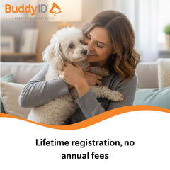 BuddyID prepaid lifetime registration graphic highlighting no renewal fees over time