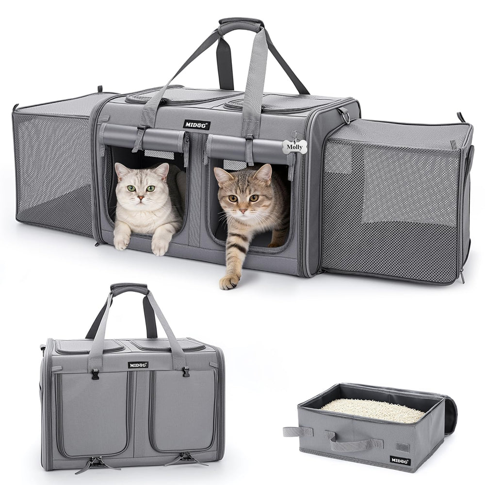 MIDOG 2 Cat Carrier with Litter Box demonstrates expandable space for two cats during travel.