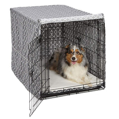 MidWest Homes for Pets crate cover in gray designer print provides privacy and airflow for 42-inch crates