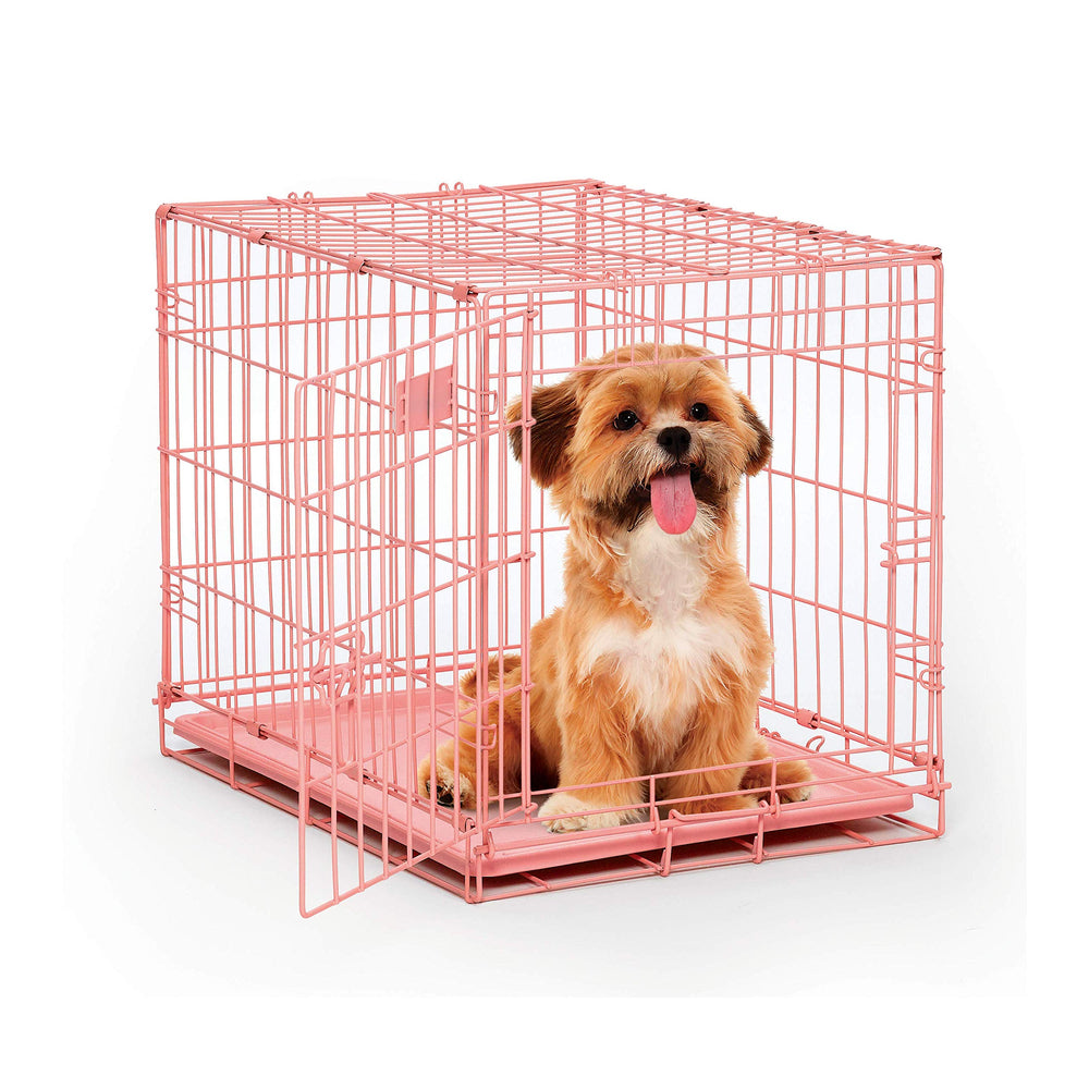 MidWest iCrate pink front view, secure travel-ready crate for small dogs.