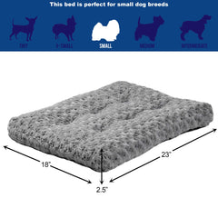 MidWest QuietTime Deluxe gray ombré swirl bed with non-slip bottom on hardwood floors for stability.