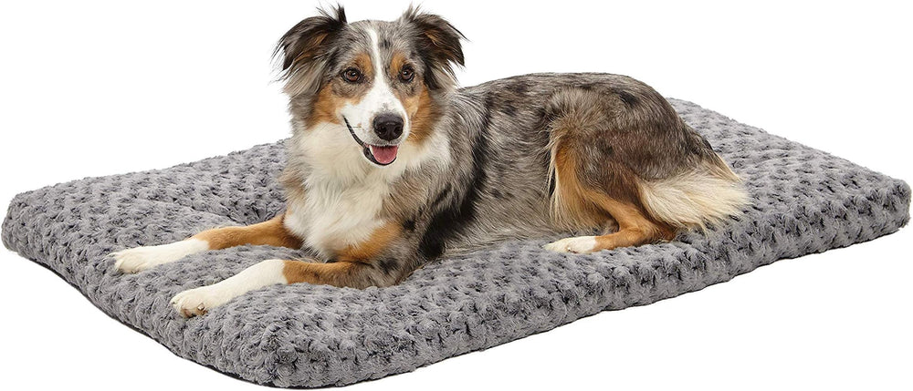 MidWest QuietTime Deluxe Ombré Swirl bed inside crate for a cozy den.