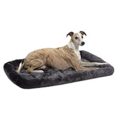MidWest QuietTime dog bed in gray faux fur bolsters inside a 36-inch crate for comfort