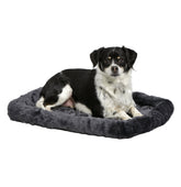 MidWest QuietTime bed in gray faux fur offers cozy crate comfort for small dogs.