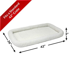 MidWest QuietTime bed shows crate-mount strap preventing shifting during travel.