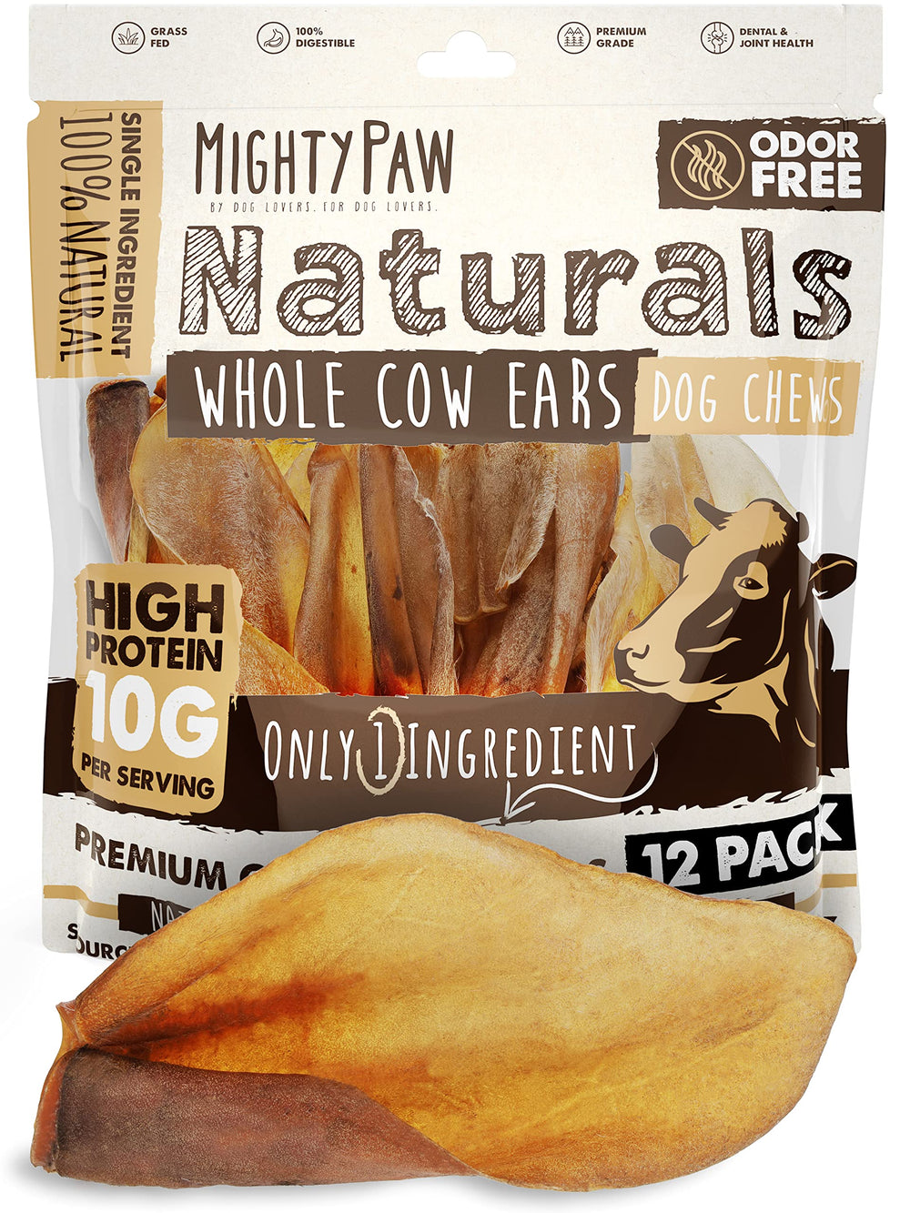 Mighty Paw cow ears for dogs, natural single-ingredient chew.