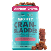 Mighty Paw Cran-Bladder bottle-front showing bacon-flavored cranberry chews for daily urinary support