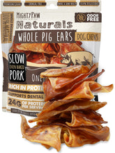 Mighty Paw Full Pig Ears dog chews promote dental hygiene during play.