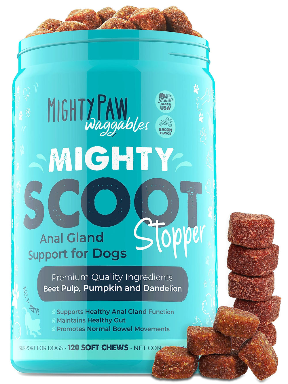 Mighty Paw Mighty Scoot bottle pour shows easy chews for digestive support.
