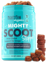 Mighty Paw Mighty Scoot bottle pour shows easy chews for digestive support.