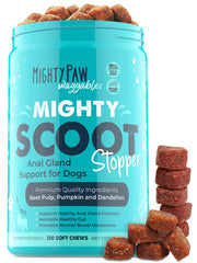 Mighty Paw Mighty Scoot bottle pour shows easy chews for digestive support.