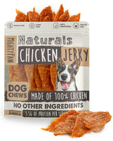 Mighty Paw Naturals chicken jerky packaging showing all-natural, single-ingredient chew
