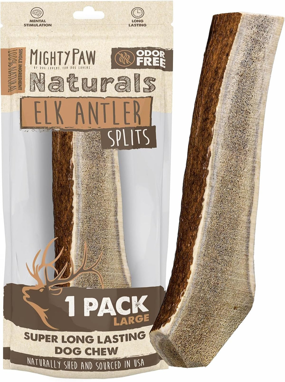 Mighty Paw Split Elk Antlers in packaging, USA-sourced, ready for dogs.
