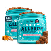 Mighty Paw Waggables bottle with bacon-flavored allergy-immune chews for easy dosing