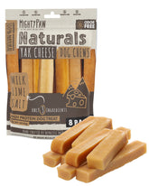 Mighty Paw Yak Cheese Chews packaging close-up—odor-free, eight-pack for dogs.
