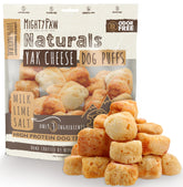 Mighty Paw Yak Cheese Puffs packaging shows a natural, limited-ingredient dog treat.