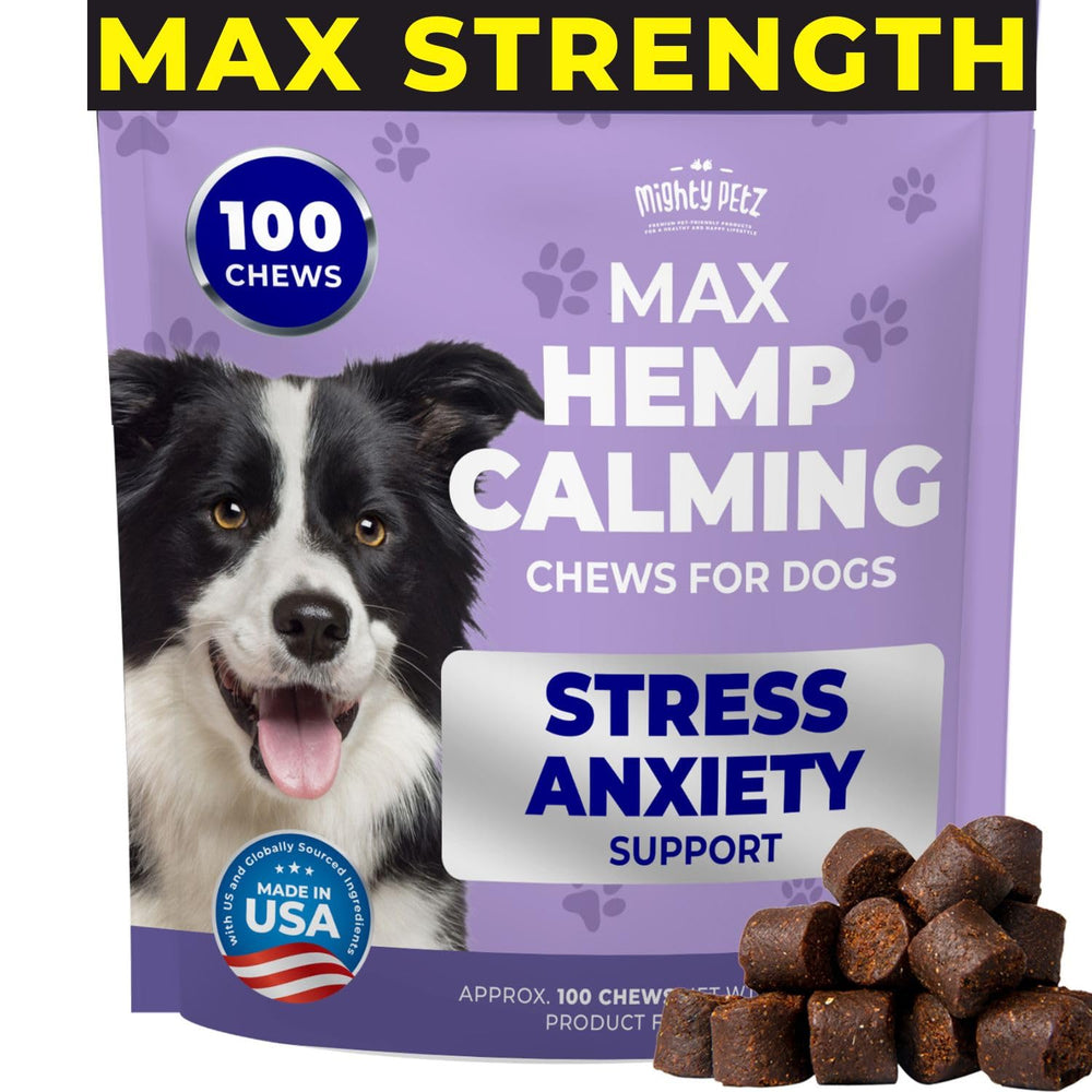 Mighty Petz MAX Hemp Calming Chews packaging promotes daily anxiety support for dogs.