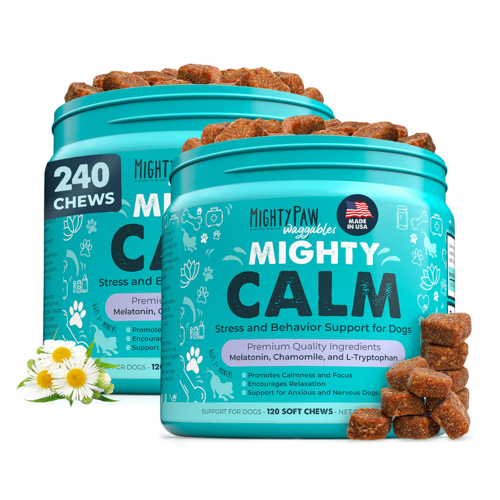 Mighty Paw Calming Chews with melatonin bottle promoting relaxed moments
