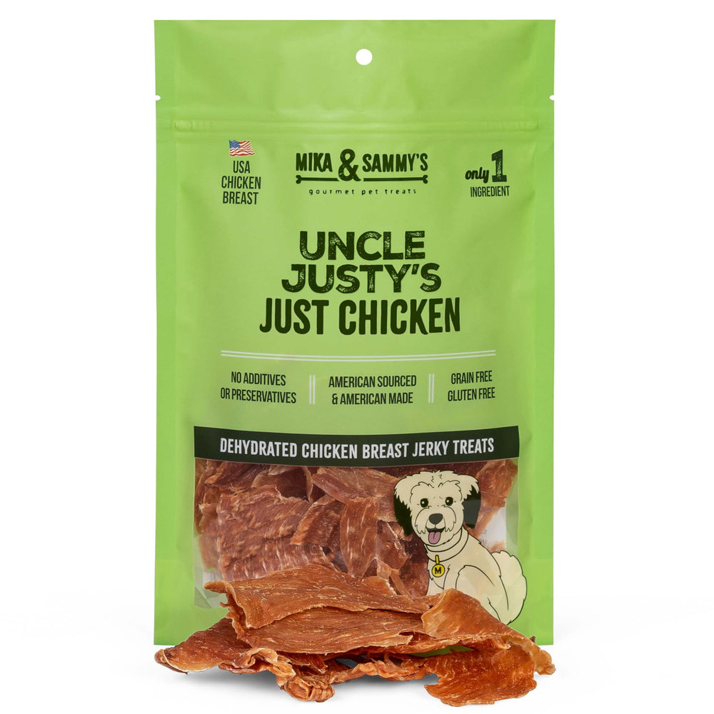 Mika and Sammy's Uncle Justy's jerky packaging front-view showing premium USA-made chicken treats.
